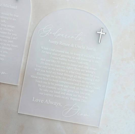 Frosted White Godparent Arch with Acrylic Cross