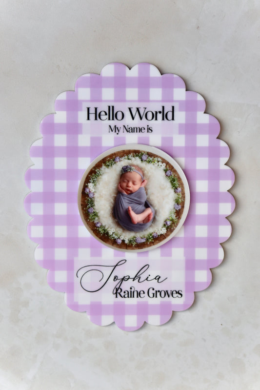 Hello World Photo Plaque with Gingham Print
