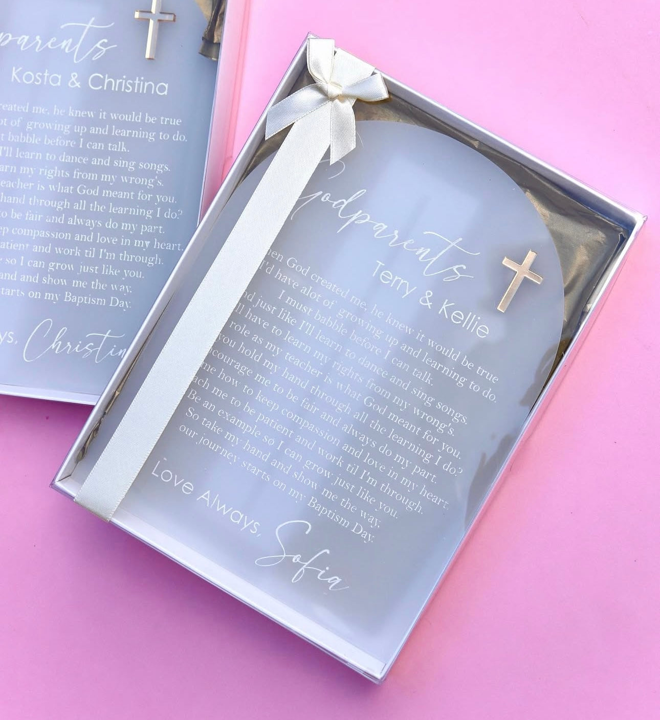 Frosted White Godparent Arch with Acrylic Cross