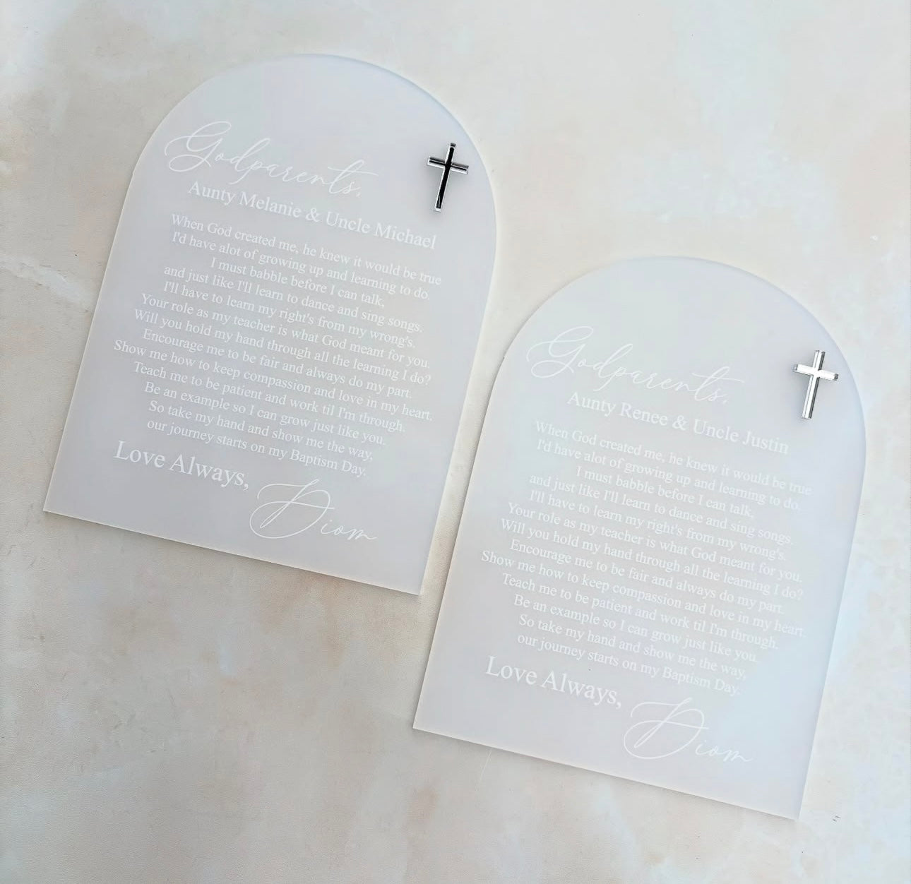 Frosted White Godparent Arch with Acrylic Cross