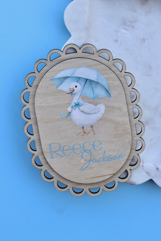Baby Announcement Name Plaque, Pastel Blue Goose Design