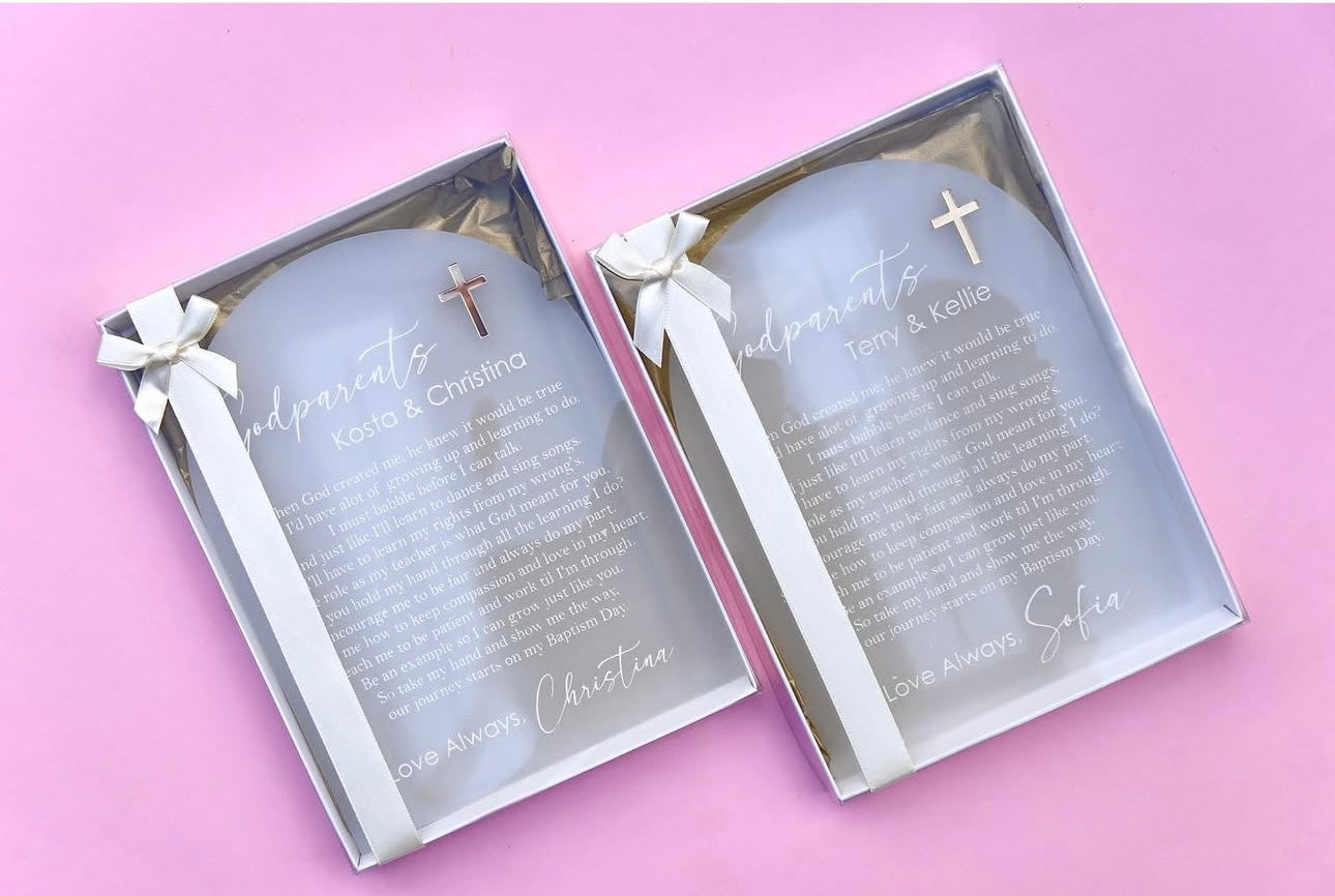 Frosted White Godparent Arch with Acrylic Cross