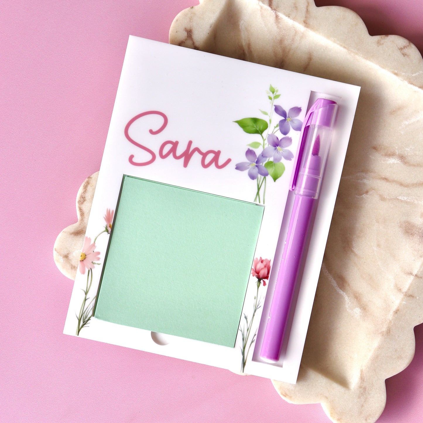 Acrylic Sticky Notes & Pen Holder - Floral