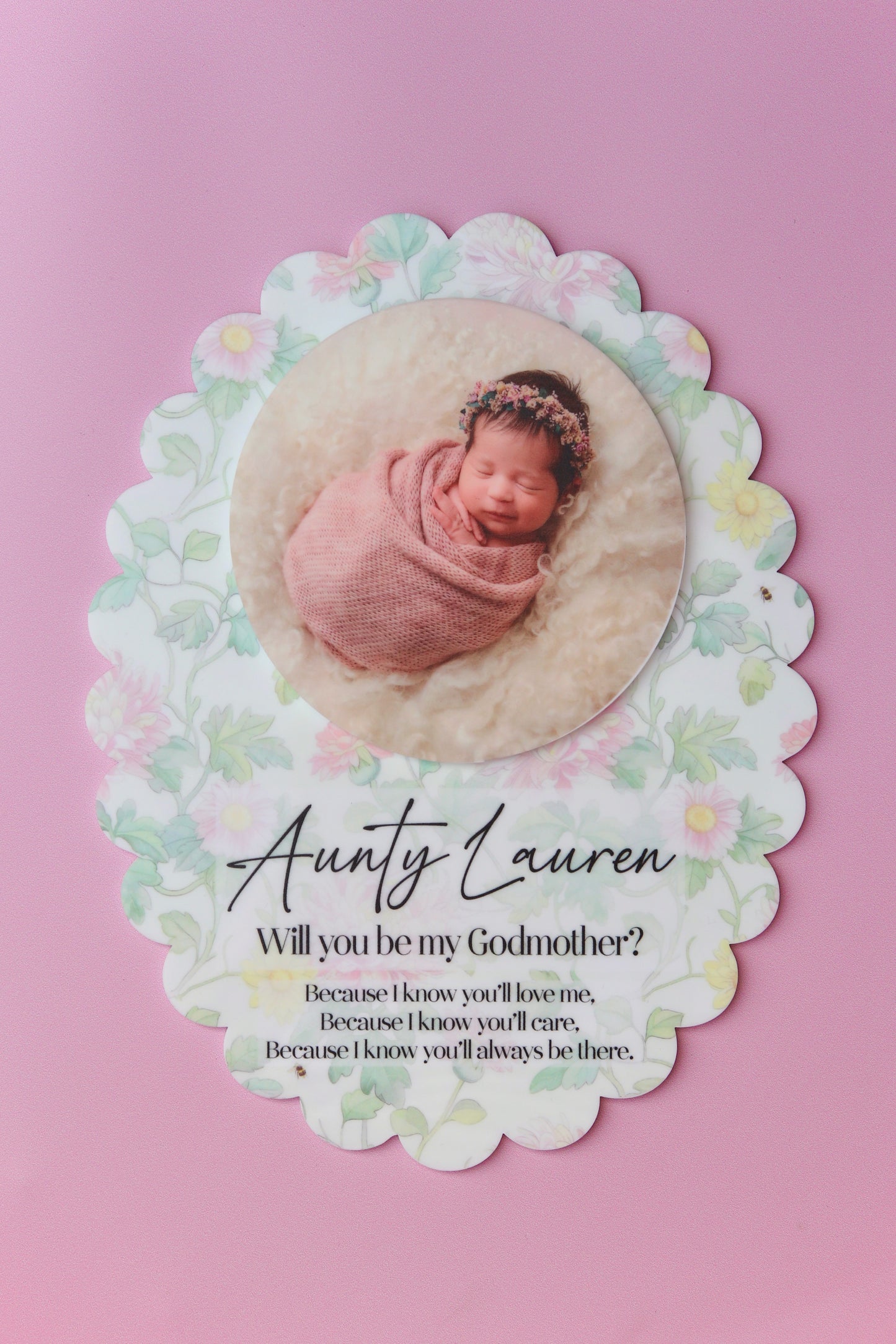 Godparent Proposal Photo Plaque with Cottage Floral Design