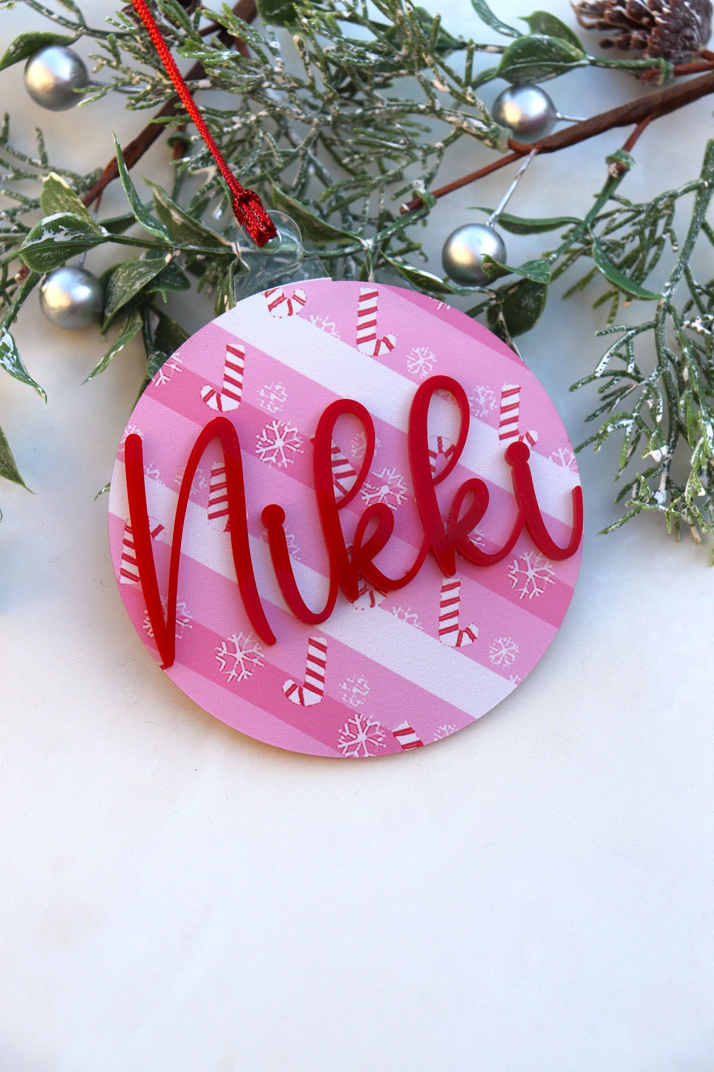 Pink Candy Cane Print Bauble