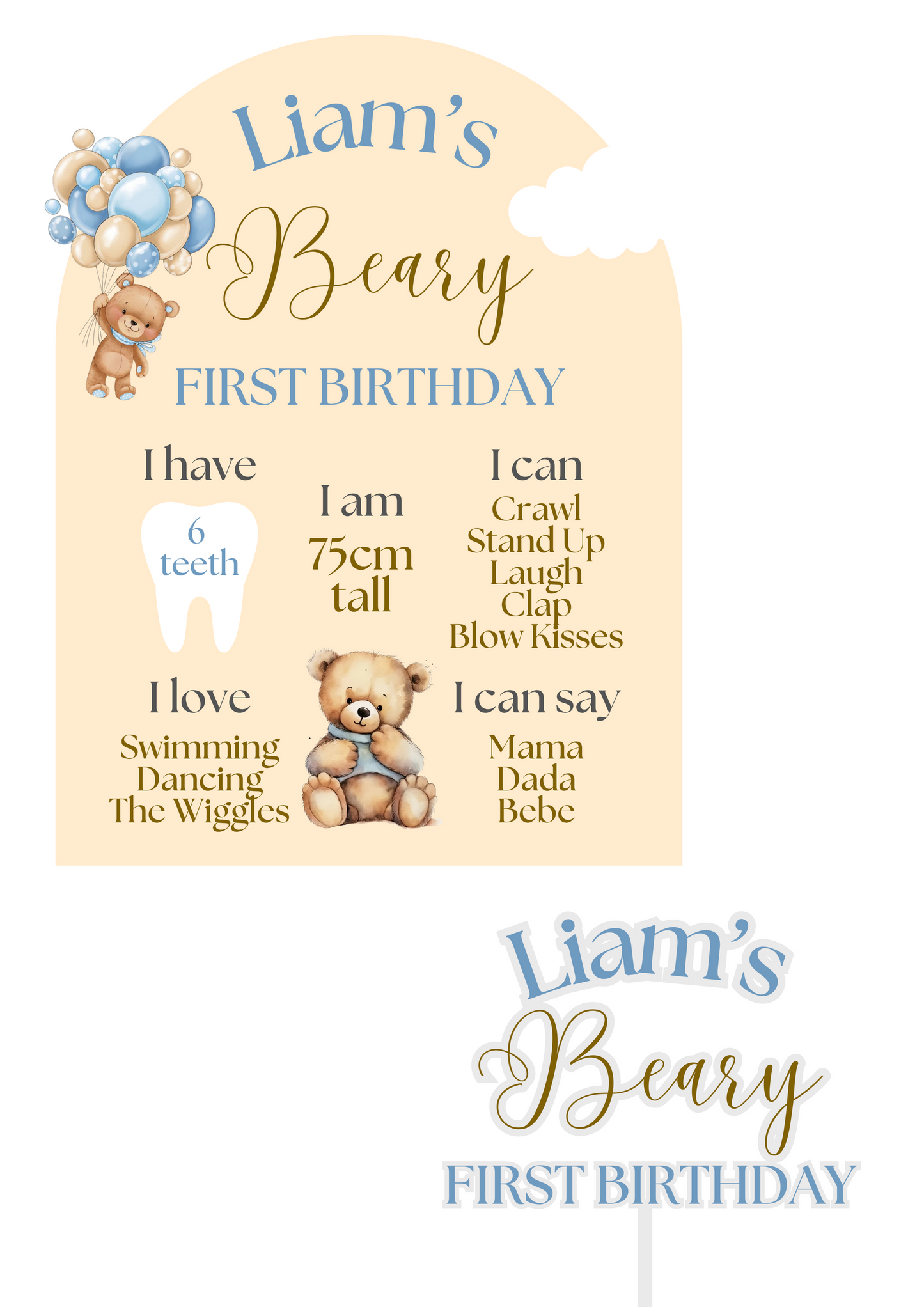 First Birthday Board & Cake Topper Set - Teddy Bear Theme