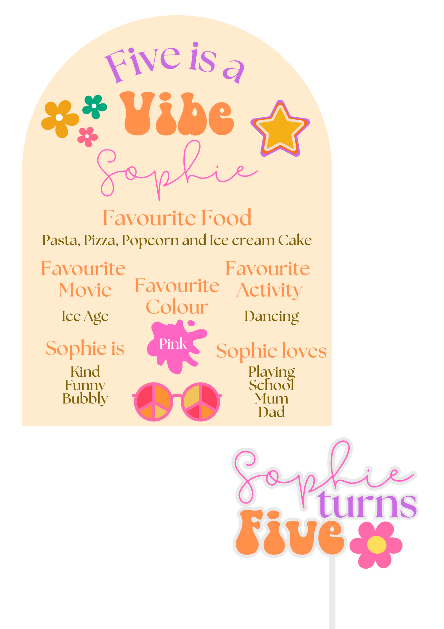 Fifth Birthday Board & Cake Topper Set - Groovy Theme