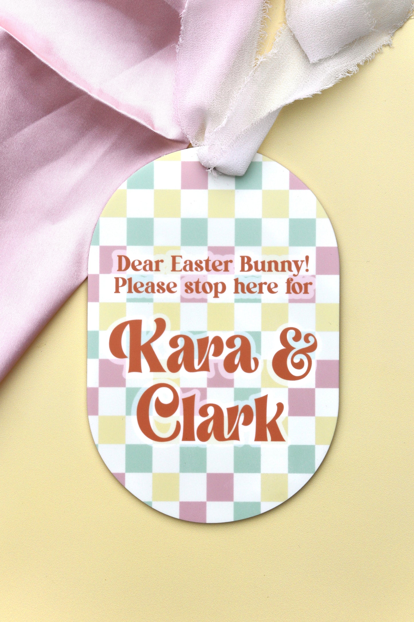 Easter Bunny, Please Stop Here Sign - Checkered Pastel