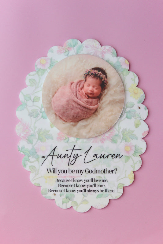 Godparent Proposal Photo Plaque with Cottage Floral Design